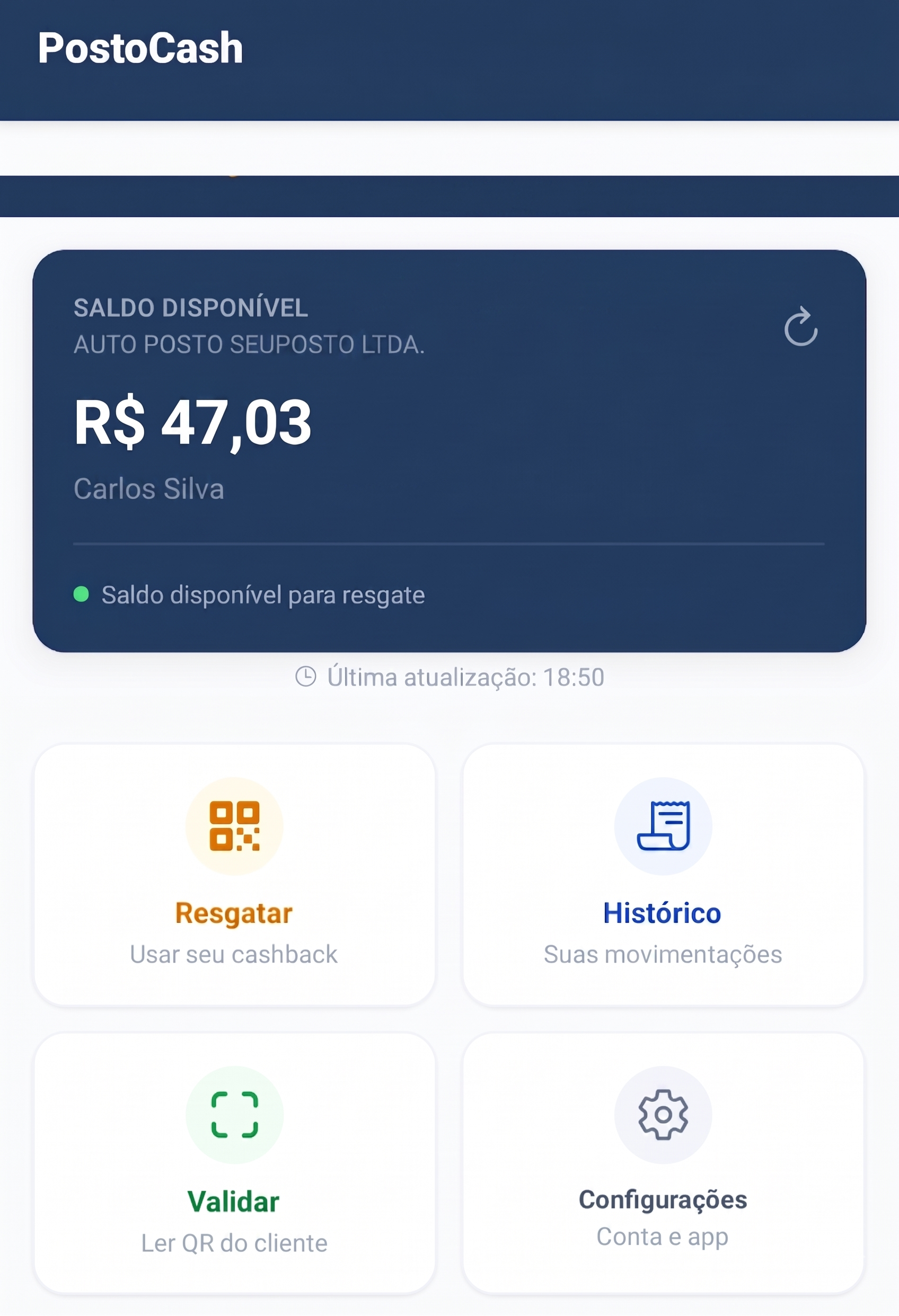 Aplicativo mobile PostoCash com saldo de cashback, resgate, histórico e validação por QR Code